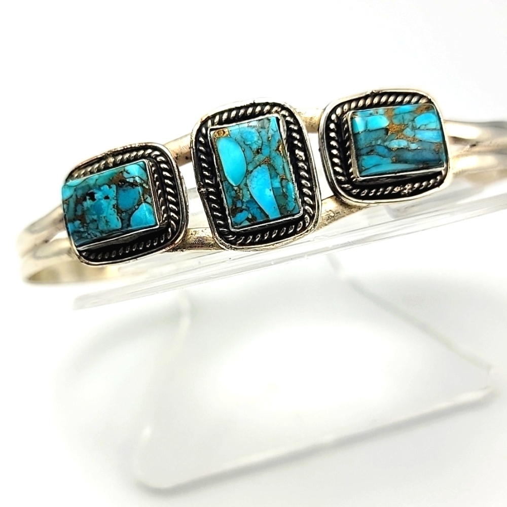 Kingman Blue Copper Turquoise 925 Sterling Silver Cuff Bracelet Hanmade Stamped